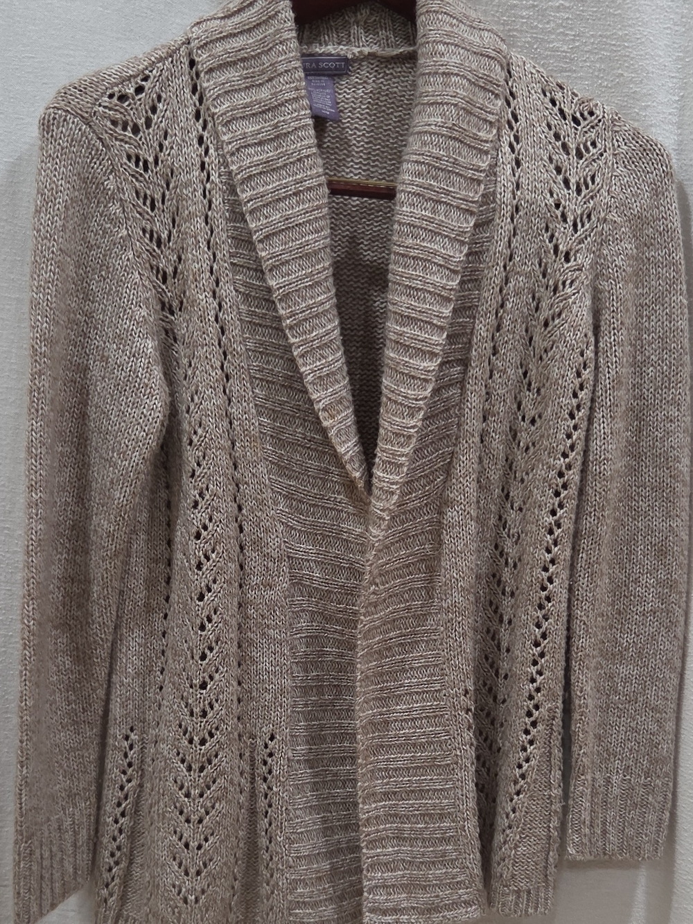 Laura Scott Taupe Open-Front Shawl Collar Knit Cardigan Womens M